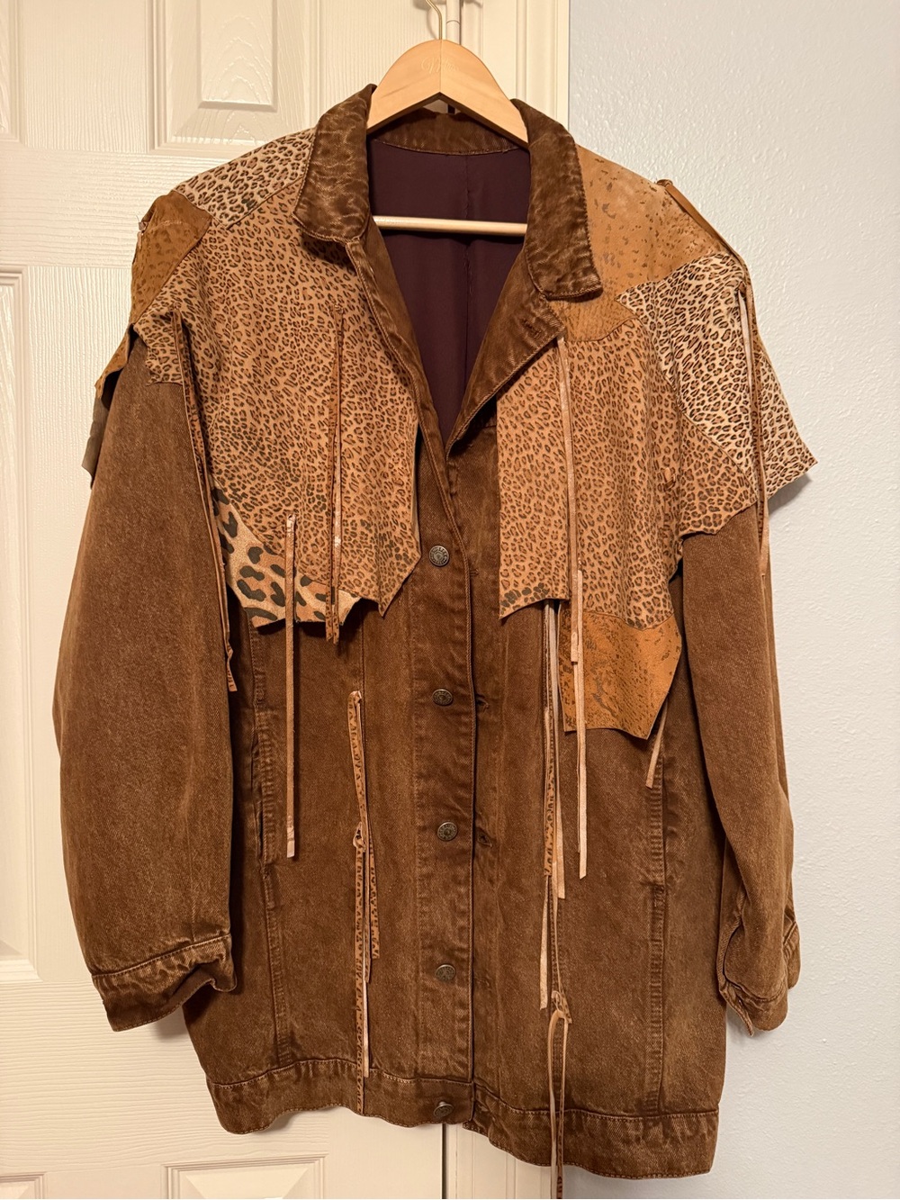 VTG 90s Brown Denim Suede Tassel Patchwork  Appliqué Bomber Jacket Maximalist